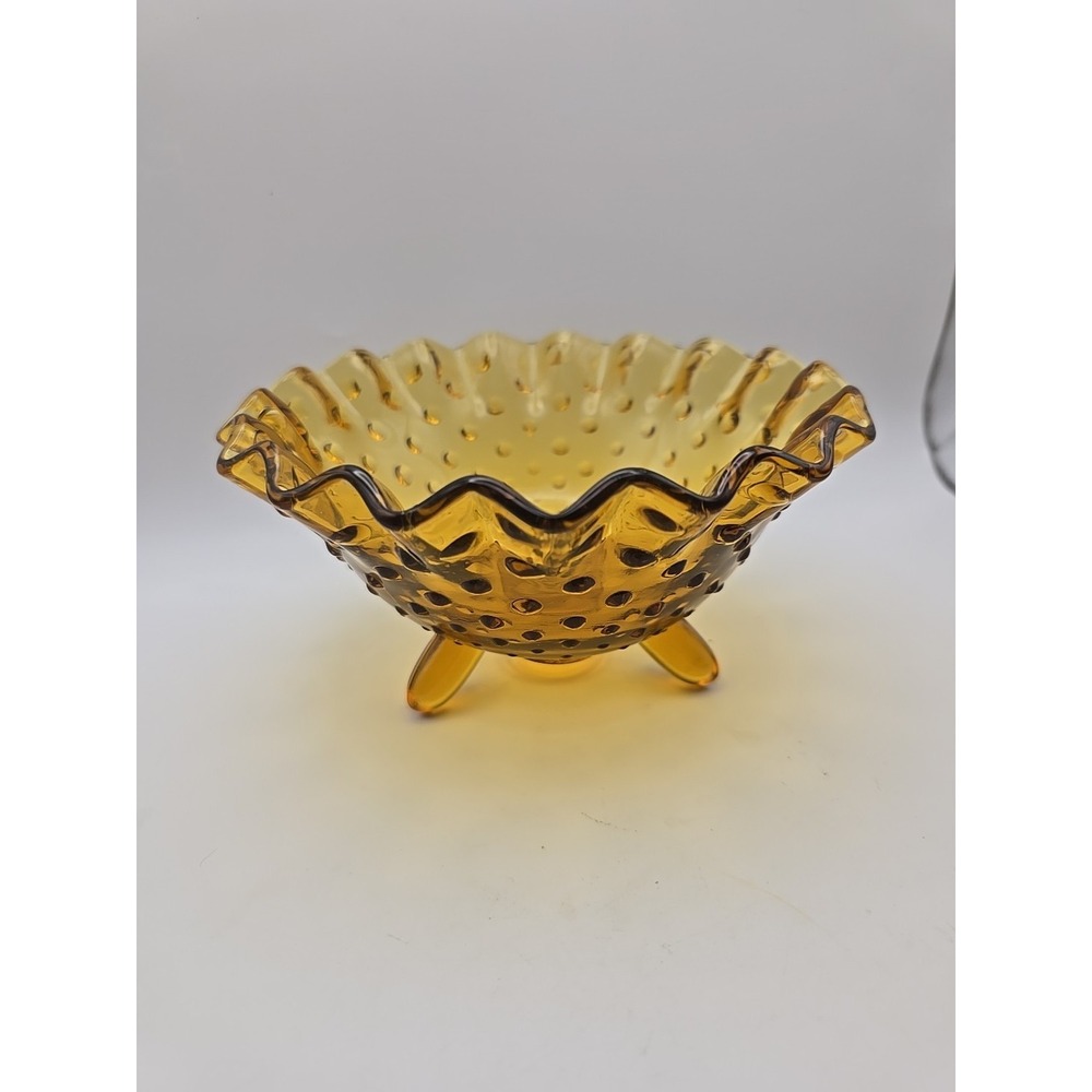 Vintage Fenton Art Glass Amber Hobnail Ruffled Footed Compote Candy Dish